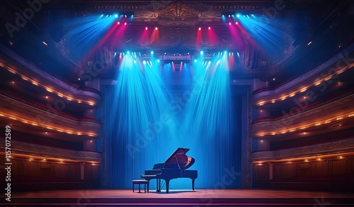 Grand piano on stage under vibrant spotlights in a concert hall.
