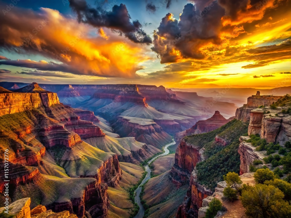 Naklejka premium Surreal Sunset over Grand Canyon: Vibrant Cliffs & Dreamlike Sky