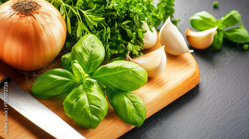 Fresh herbs like basil, parsley, and garlic cloves are beautifully arranged with onion on wooden cutting board, creating vibrant and inviting kitchen scene photo