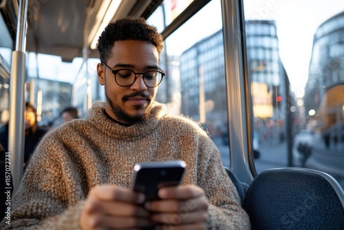 This image shows a young commuter sitting quietly in public transportation, absorbed in a smartphone, depicting modern lifestyle and connectivity in daily commuting routines. photo