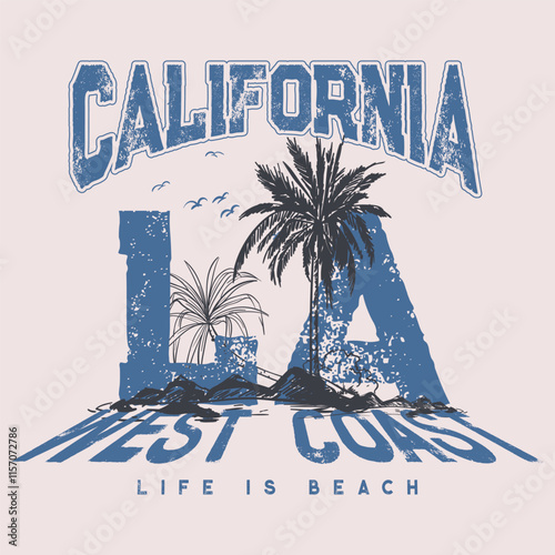 LA California palm background T-shirt , sweatshirt, tops, poster, Vintage Beach Waves Graphic T-shirt design in vector format, this design included Vintage typography waves text, modern palm