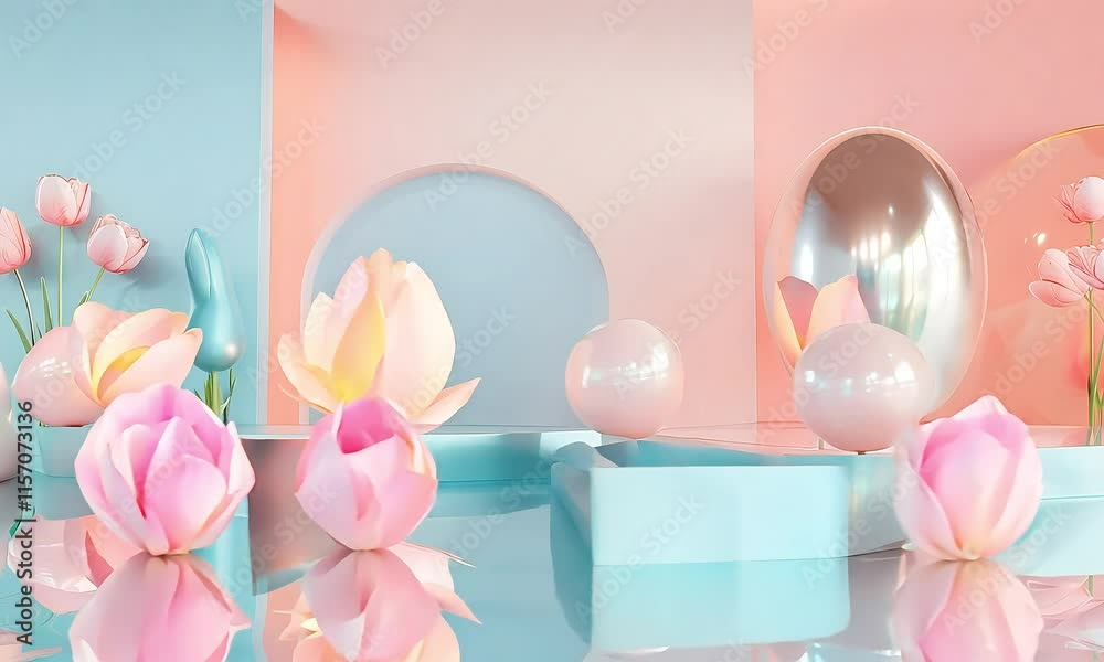 A serene pastel scene with decorative elements, including flowers and reflective shapes. A serene pastel scene with decorative elements, including flowers and reflective shapes.