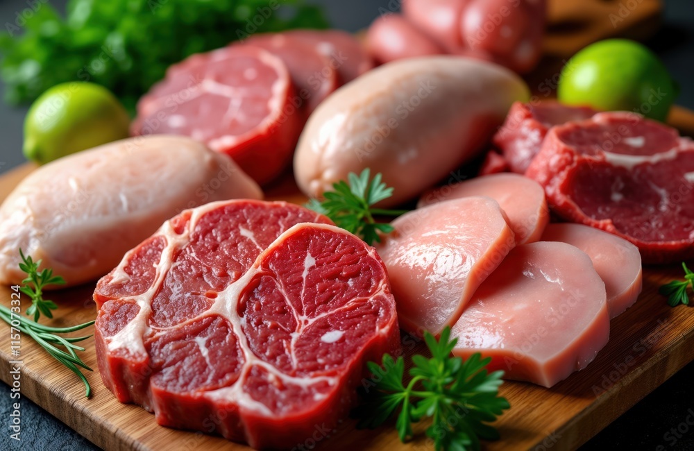 Freshly cut raw meats including beef steak chicken pork, sausages displayed on wooden cutting board. Raw ingredients ready for cooking grilling. Assorted cuts of meat available for variety of Freshly cut raw meats including beef steak chicken pork, sausages displayed on wooden cutting board. Raw ingredients ready for cooking grilling. Assorted cuts of meat available for variety of