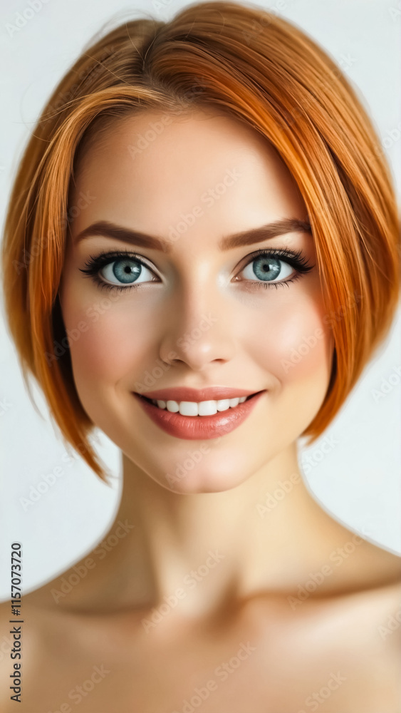 Fototapeta premium A young red hair model with a bob haircut poses for the camera AI-generated woman portrait