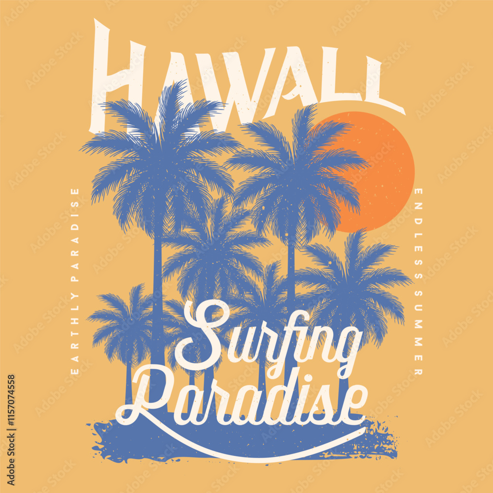 Vector illustration on the theme of surf and surfing in Hawaii, Sunset Beach, North Shore Oahu. Vintage design. Grunge background. Typography, t-shirt graphics, print, poster, banner, flyer, postcard