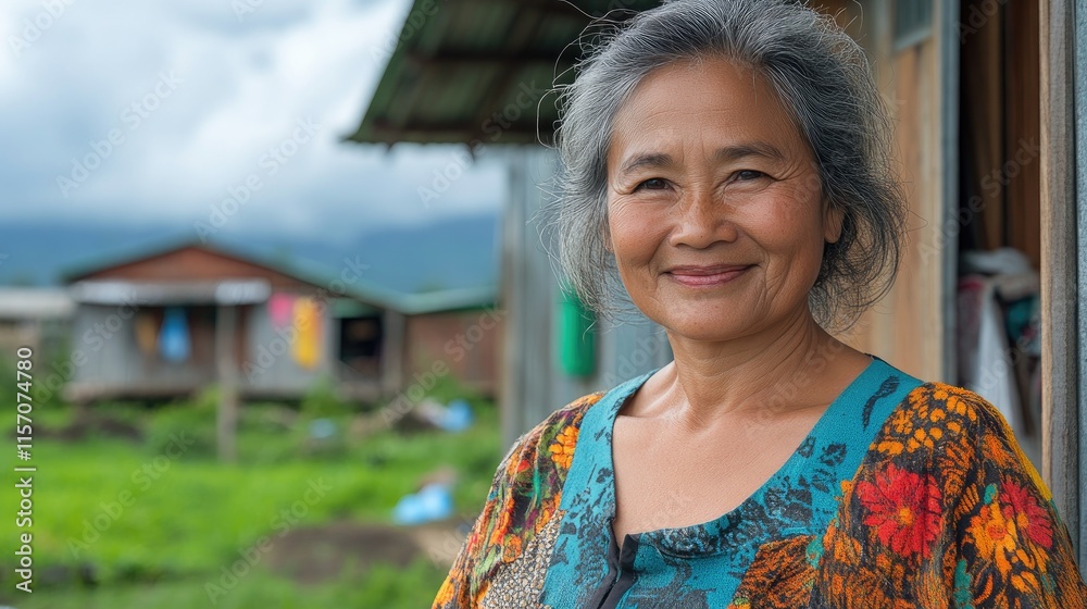 Smiling senior Asian woman stands outside her home in a rural village. Smiling senior Asian woman stands outside her home in a rural village.