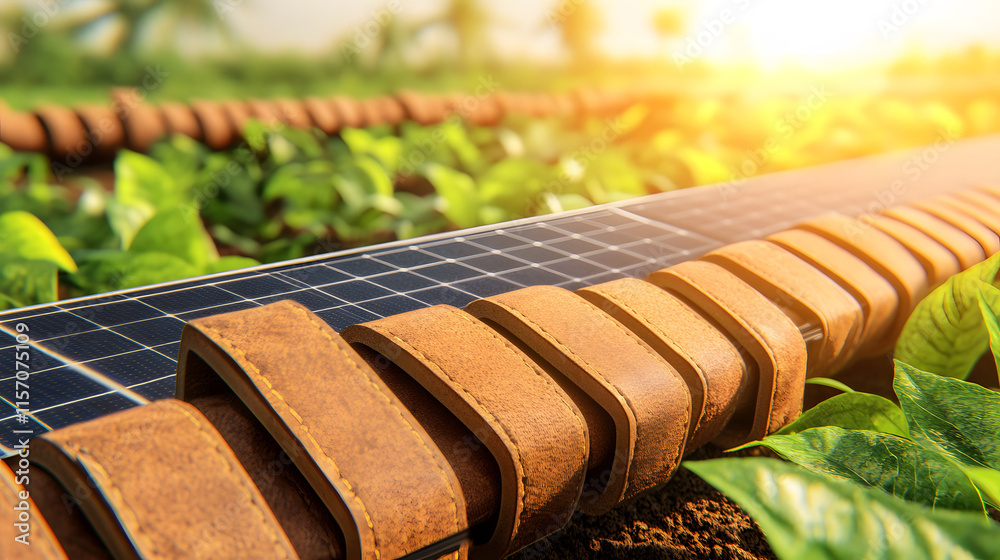 © TK - Solar panels on a sustainable farm with lush green plants at sunset © TK - Solar panels on a sustainable farm with lush green plants at sunset