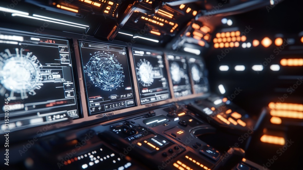 Futuristic control room with screens and illuminated interfaces. Futuristic control room with screens and illuminated interfaces.