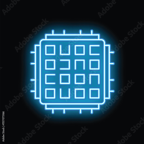 Neon blue icon of a cpu microchip is glowing against a dark background, symbolizing processing power and digital technology