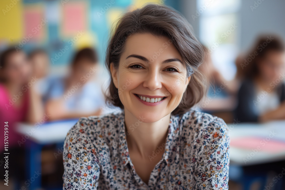 Portrait of smiling female teacher standing in classroom and looking at camera. Portrait of smiling female teacher standing in classroom and looking at camera.