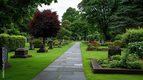 A serene cemetery features rows of old tombstones nestled in vibrant green grass under a clear blue sky photo