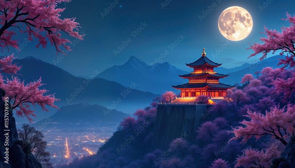 Obraz premium Majestic temple glows under moonlight. Cherry blossom trees frame stunning mountain view. City lights twinkle below. Night scene evokes tranquility, beauty. Pagoda shines brightly against serene sky.