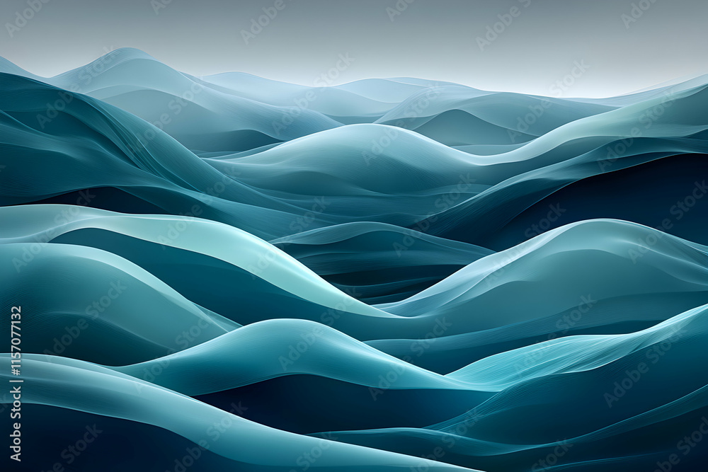 Obraz premium Serene abstract landscape of flowing teal hills, evoking calm and tranquility. Perfect for meditation, wellness, or nature-themed designs.