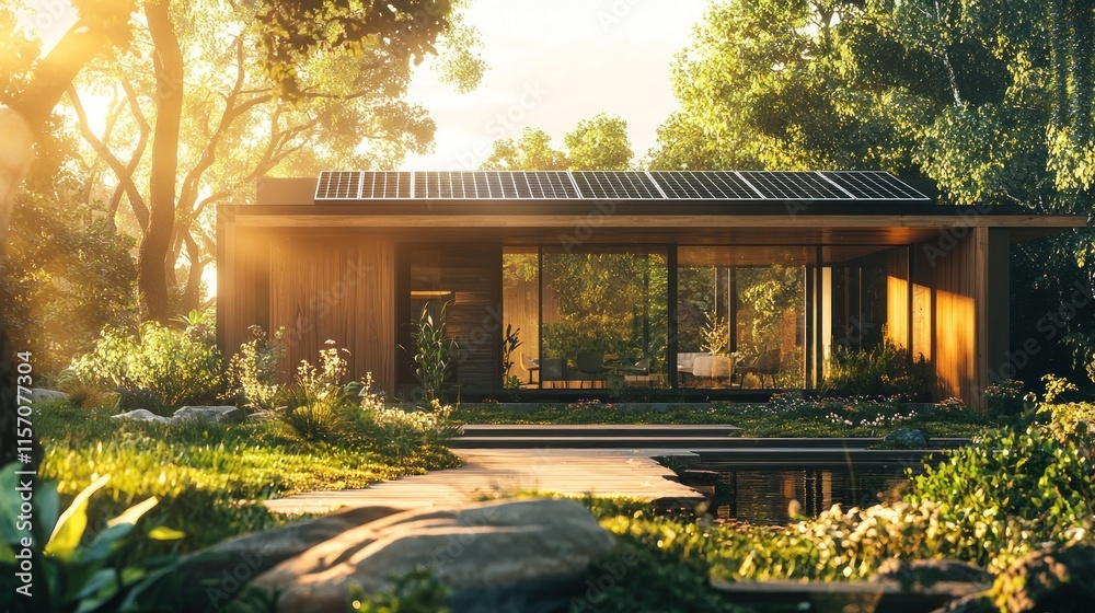 Obraz premium Modern eco-friendly house with solar panels, surrounded by lush greenery and a pond at sunset.