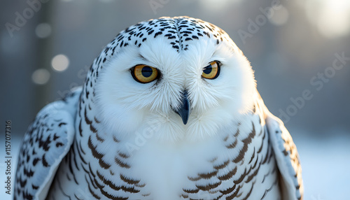 Snowy owl with intense gaze sitting on snow-covered ground in winter photo