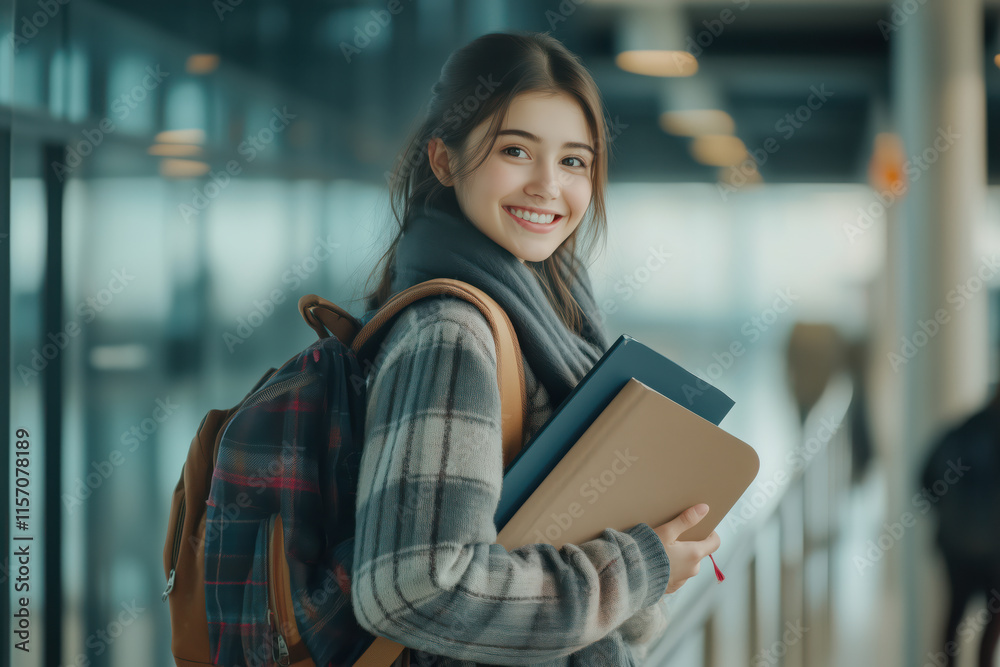 Portrait of smiling teenage girl with backpack and textbooks in school hallway. Ready to learn Portrait of smiling teenage girl with backpack and textbooks in school hallway. Ready to learn
