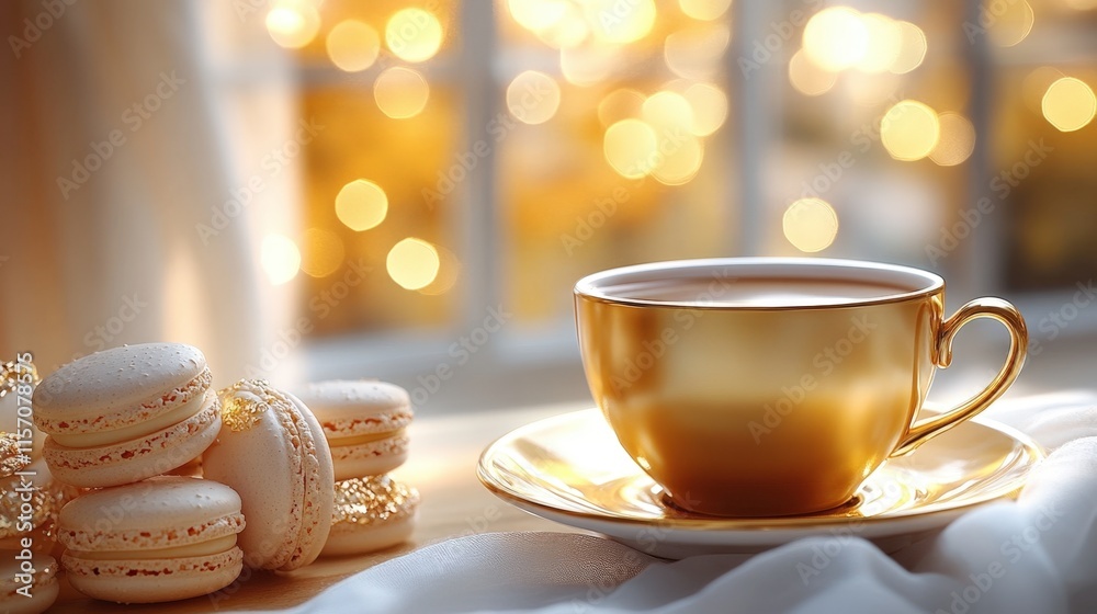 Golden teacup and macarons by window with bokeh lights. Golden teacup and macarons by window with bokeh lights.