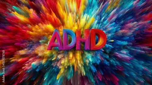ADHD word on colorful paints splash, concept of attention deficit hyperactivity disorder