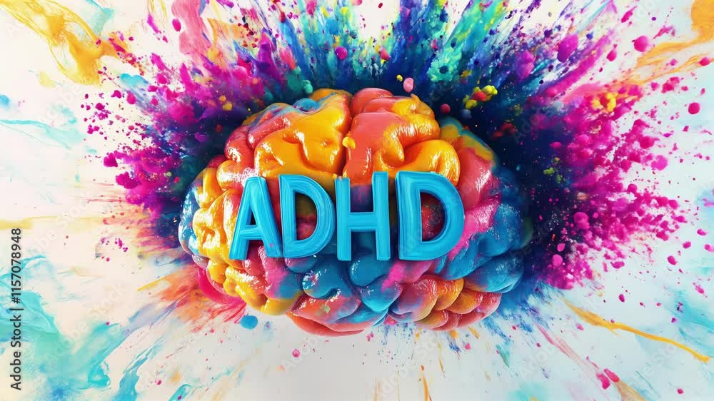ADHD lettering on colorful brain exploding with paint splashes on white background, neurodiversity and attention deficit hyperactivity disorder concept.