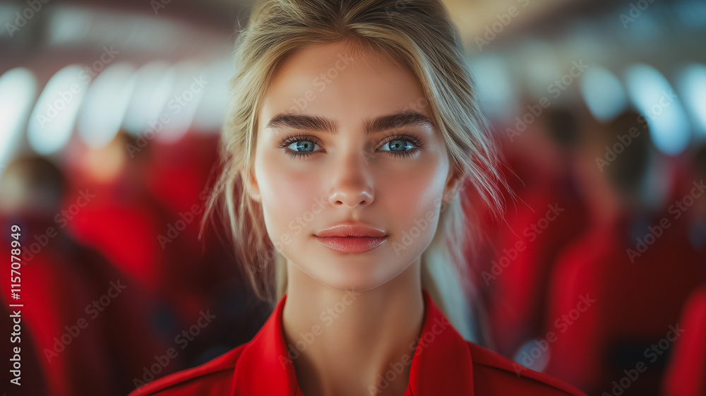 Naklejka premium A woman with blonde hair and blue eyes is wearing a red jacket. She is the main focus of the image