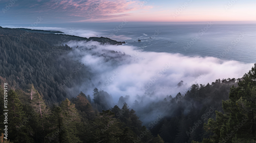 Obraz premium design, A view of the ocean from above, with mist covering it and trees below, at dawn, in California's redwood forests. The sky is a mix of pink and blue, with some clouds visible.