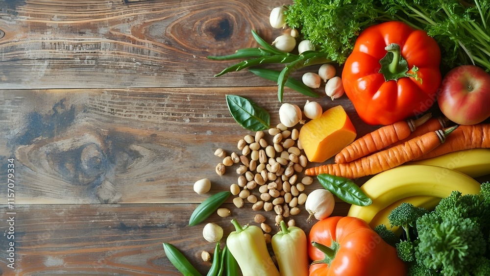 Fresh fruits, vegetables, and legumes are arranged on a rustic wooden surface, creating a healthy food composition Fresh fruits, vegetables, and legumes are arranged on a rustic wooden surface, creating a healthy food composition