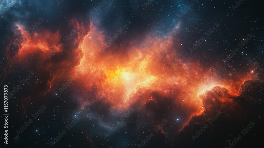 A space scene with a large orange cloud in the middle. The stars are scattered throughout the image, with some closer to the foreground and others further away. Scene is one of wonder and awe A space scene with a large orange cloud in the middle. The stars are scattered throughout the image, with some closer to the foreground and others further away. Scene is one of wonder and awe