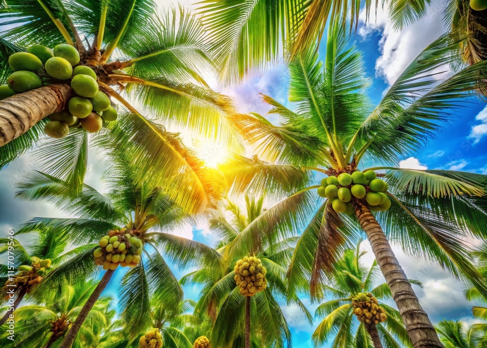 Obraz premium Tropical Paradise: Stunning Bottom-Up View of Palm Trees with Coconuts on a Sunny Island