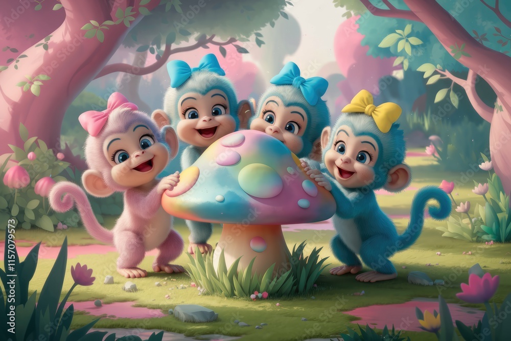 Three adorable baby monkeys with bows are playfully gathered around a colorful mushroom in a whimsical forest. Three adorable baby monkeys with bows are playfully gathered around a colorful mushroom in a whimsical forest.