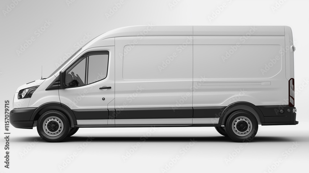 A white van with black trim parked on a white background A white van with black trim parked on a white background