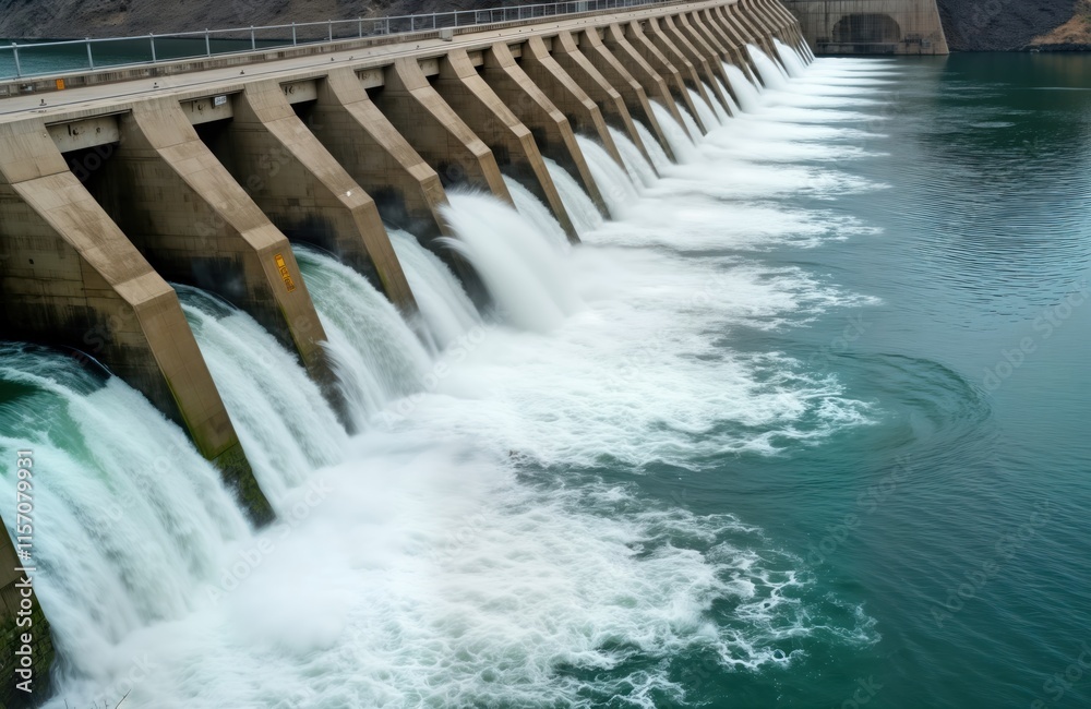 Hydroelectric power station releases water from dam. Powerful flow of water rushes down spillways. Concrete structure of dam prominent. Waterway carries water downstream. Industrial facility Hydroelectric power station releases water from dam. Powerful flow of water rushes down spillways. Concrete structure of dam prominent. Waterway carries water downstream. Industrial facility