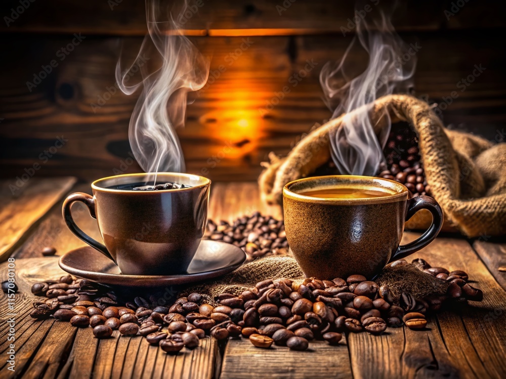 Two Cups of Coffee with Coffee Beans on Rustic Wooden Table - Morning Coffee Still Life Two Cups of Coffee with Coffee Beans on Rustic Wooden Table - Morning Coffee Still Life