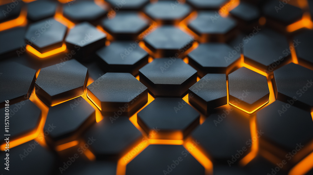A close up of a black and orange hexagonal pattern. The black and orange colors create a striking contrast, and the pattern appears to be made up of small cubes. The image has a futuristic