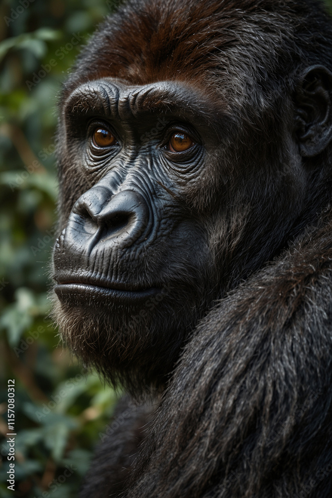 Obraz premium Expressive portrait gorilla. Animal. Close-up captures character and personality. Ideal for nature lovers, pets and wildlife