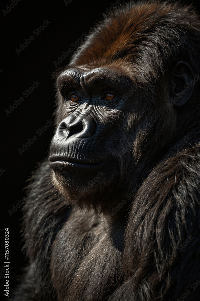 Expressive portrait gorilla. Animal. Close-up captures character and personality. Ideal for nature lovers, pets and wildlife Expressive portrait gorilla. Animal. Close-up captures character and personality. Ideal for nature lovers, pets and wildlife