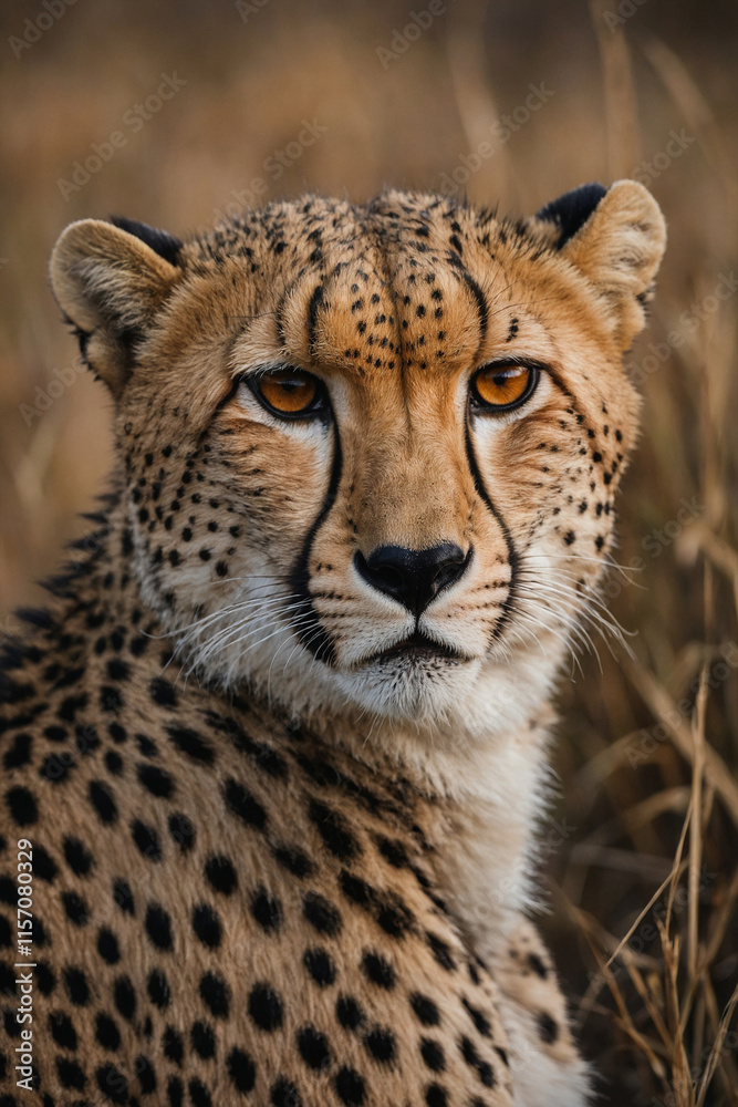 Expressive portrait cheetah. Animal. Close-up captures character and personality. Ideal for nature lovers, pets and wildlife