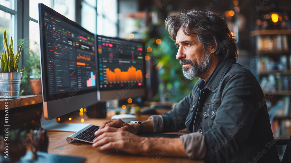 A man is sitting at a desk with two computer monitors in front of him. He is focused on the screens, possibly working on a project or analyzing data. The room has a cozy atmosphere A man is sitting at a desk with two computer monitors in front of him. He is focused on the screens, possibly working on a project or analyzing data. The room has a cozy atmosphere
