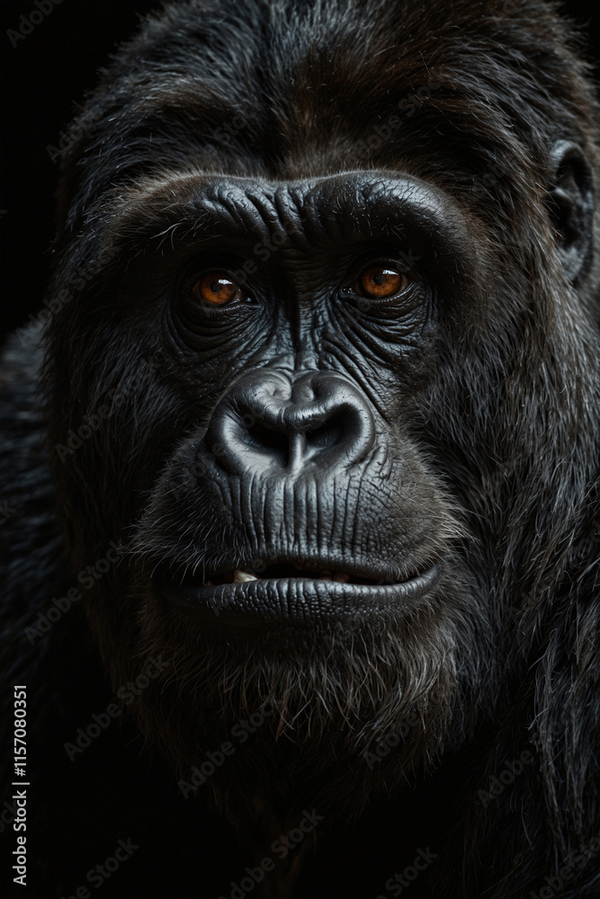 Expressive portrait gorilla. Animal. Close-up captures character and personality. Ideal for nature lovers, pets and wildlife Expressive portrait gorilla. Animal. Close-up captures character and personality. Ideal for nature lovers, pets and wildlife