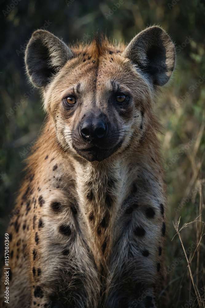 Expressive portrait hyena. Animal. Close-up captures character and personality. Ideal for nature lovers, pets and wildlife Expressive portrait hyena. Animal. Close-up captures character and personality. Ideal for nature lovers, pets and wildlife