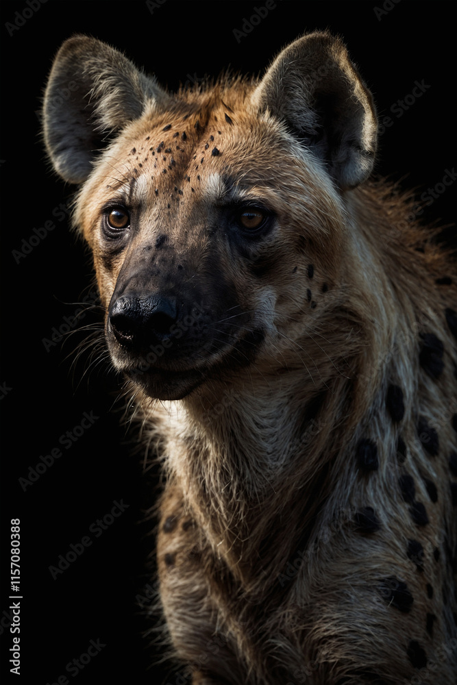Expressive portrait hyena. Animal. Close-up captures character and personality. Ideal for nature lovers, pets and wildlife Expressive portrait hyena. Animal. Close-up captures character and personality. Ideal for nature lovers, pets and wildlife