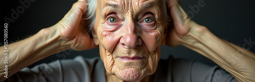 Old Woman Stretches Her Wrinkled Face In A Grotesque Grimace, Opposing The Notion That Beauty Can Be Artificially Achieved. 00002 photo