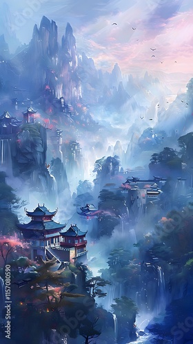 Misty mountain valley with ancient Asian architecture, waterfalls, and lush vegetation.