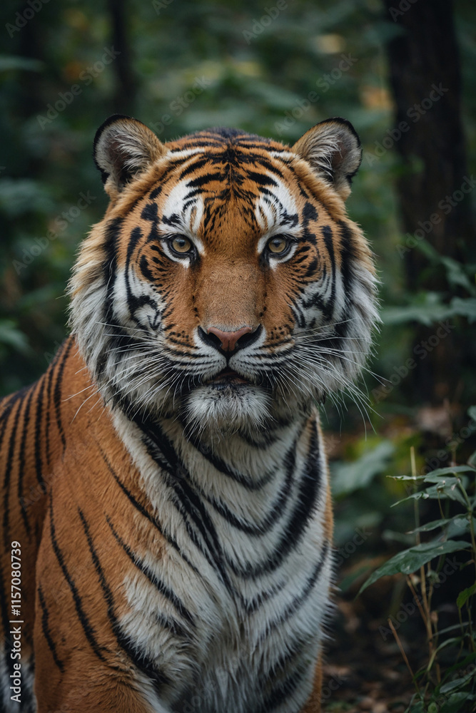 Expressive portrait Amur tiger. Animal. Close-up captures character and personality. Ideal for nature lovers, pets and wildlife Expressive portrait Amur tiger. Animal. Close-up captures character and personality. Ideal for nature lovers, pets and wildlife