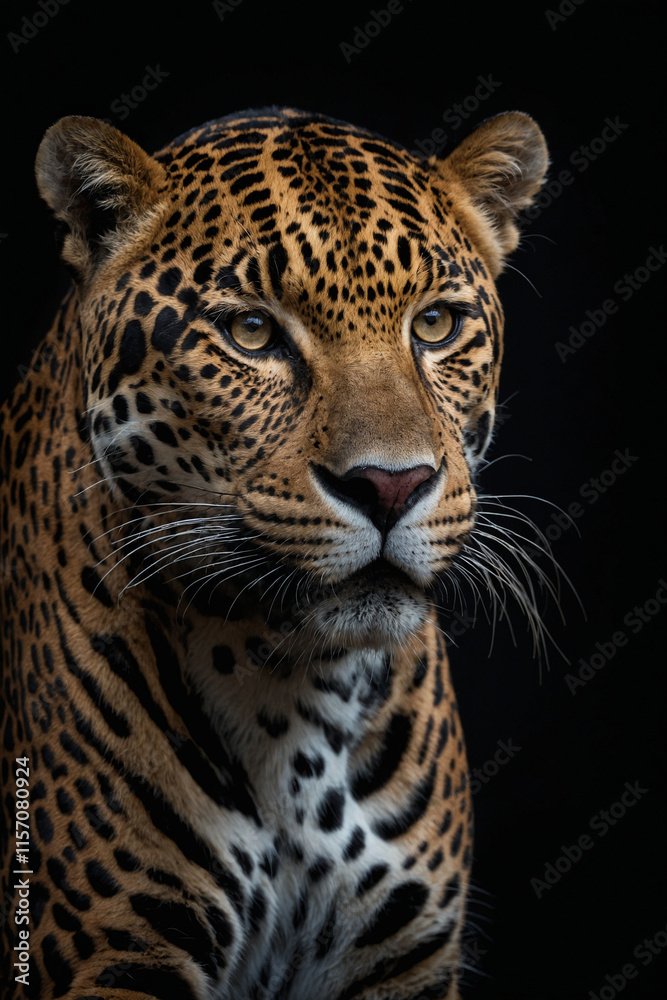 Fototapeta premium Expressive portrait leopard. Animal. Close-up captures character and personality. Ideal for nature lovers, pets and wildlife