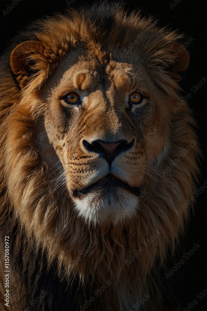 Fototapeta premium Expressive portrait lion. Animal. Close-up captures character and personality. Ideal for nature lovers, pets and wildlife