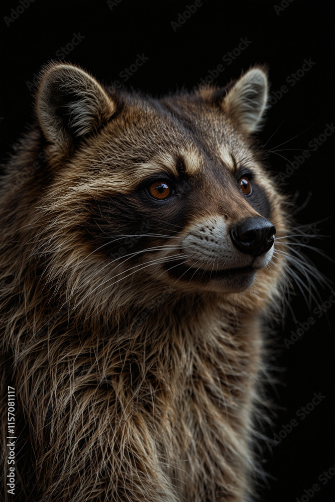 Expressive portrait raccoon. Animal. Close-up captures character and personality. Ideal for nature lovers, pets and wildlife Expressive portrait raccoon. Animal. Close-up captures character and personality. Ideal for nature lovers, pets and wildlife