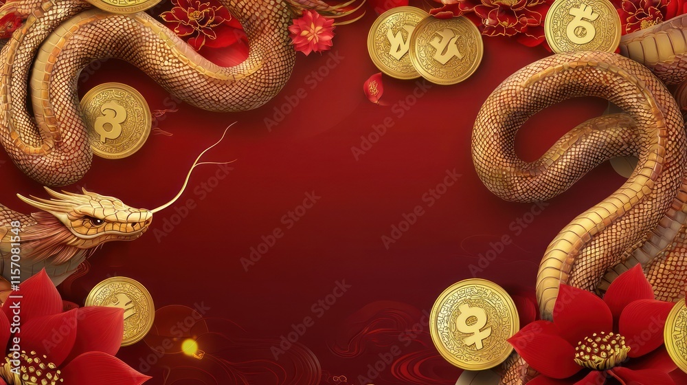 Golden Dragon Snake Chinese Coins Red Flowers Lunar New Year Design Golden Dragon Snake Chinese Coins Red Flowers Lunar New Year Design
