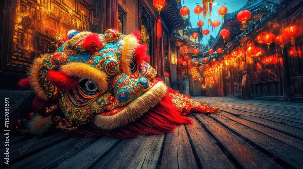 Obraz premium Colorful Chinese Lion Dance Costume in Traditional Festival Setting