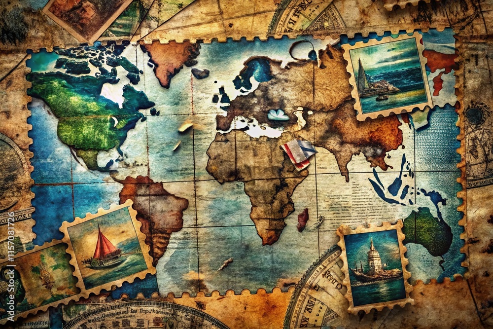 Fototapeta premium Urban Exploration: French Polynesian Travel Stamps & Maps - Grunge Texture