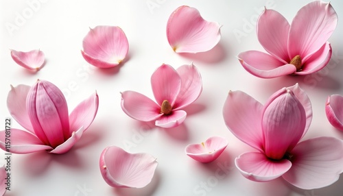 Pink magnolia flower petals, blossoms arranged on white background. Springtime floral design. Beautiful, delicate spring flowers. Perfect for floral design projects, spring decor, fashion magazines,.